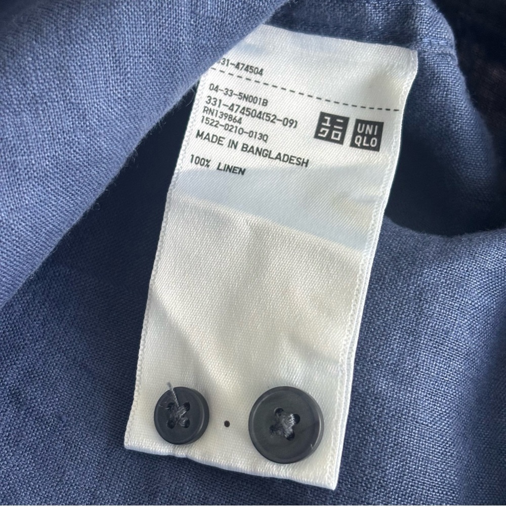 Uniqlo Navy Blue Long Sleeve 100% Linen Casual Button Down Shirt Front Pocket - Picture 7 of 8